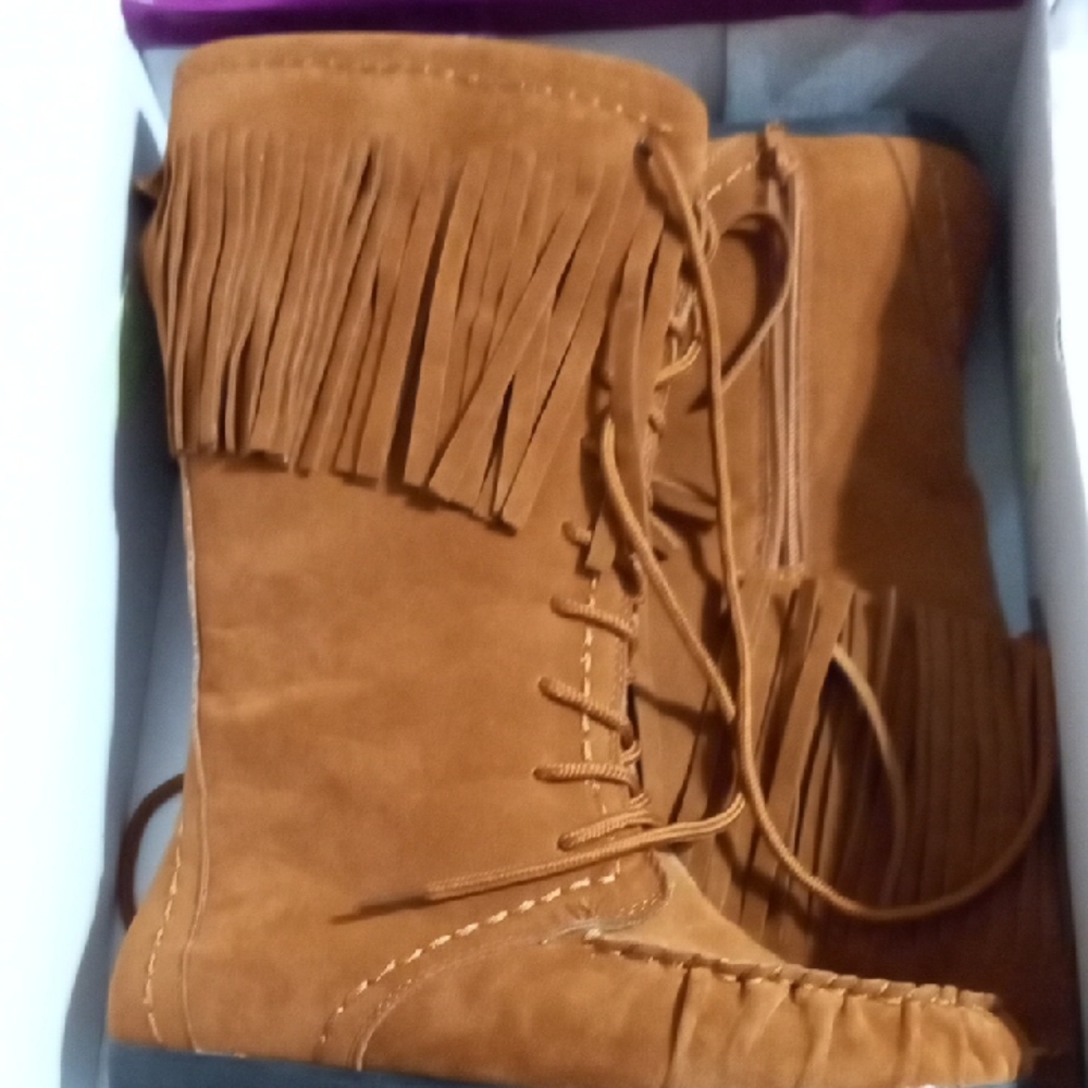 Rampage Tan Lace Up Fringe Boots